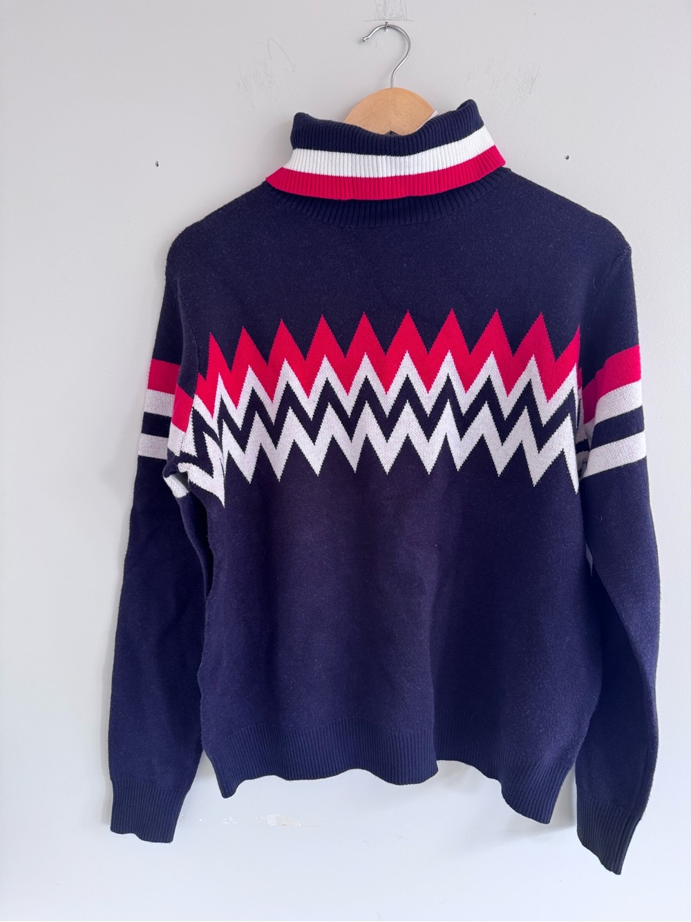 Women's Navy Cowl/Turtleneck Sweater with Pink & White Zigzag Detail